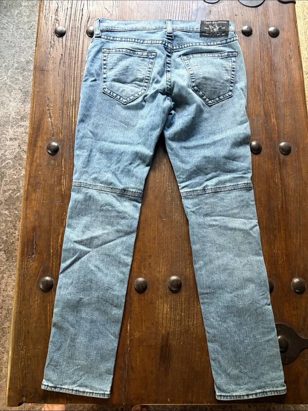 True Religion Men's Light Blue Skinny Moto Jeans with Knee Paneling